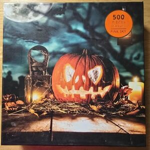 Halloween Jack O Lantern 500 Piece Puzzle Sealed Bag Pink Sky